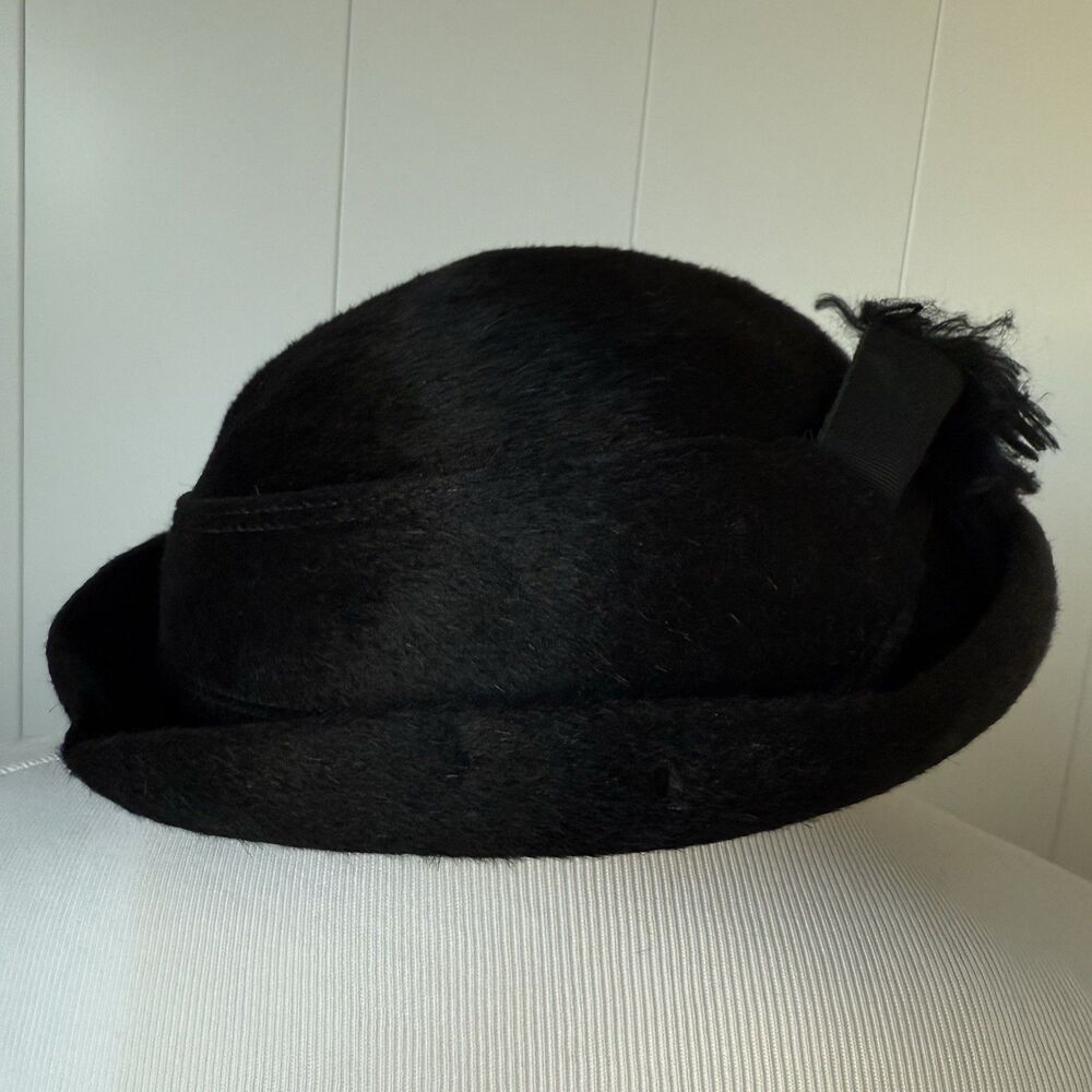 I. Magnin Vintage 40s 50s Black Wool Half Hat Tassel Scarf Fascinator Italy - Picture 6 of 13